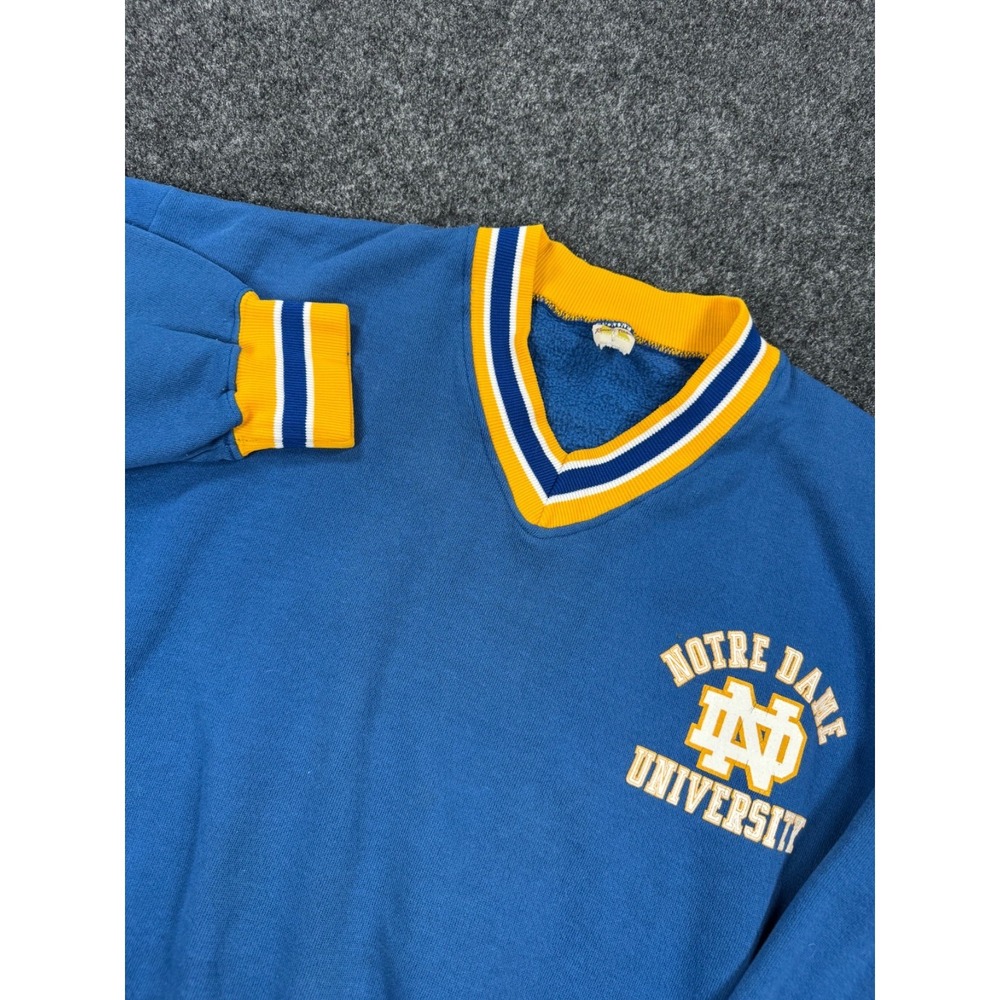 VTG Russell Notre Dame University V Neck Crewneck Sweatshirt Blue Gold USA 70s